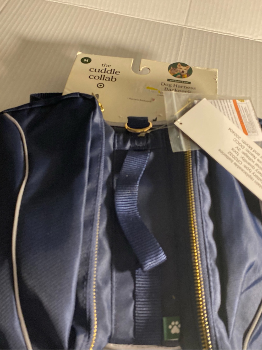 Dog harness and bag Blue Gold Zipper hiking long walks nwt
